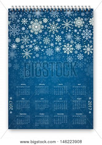 Snow New Year and Christmass theme with snowflakes Calendar for 2017, week starts Monday. Vector template