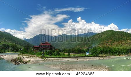 Punakha Dzong the old capital of Bhutan at the confluence of Pho Chu and Mo Chu rivers