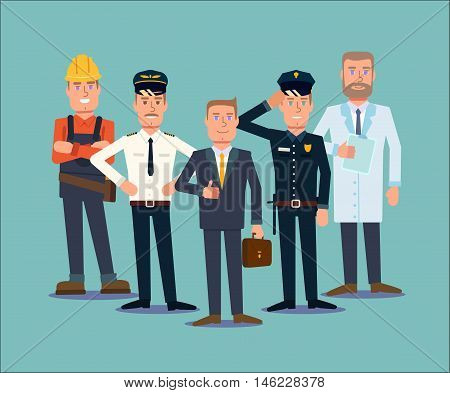 Professions people set. Flat vector illustration. 5 types of occupation