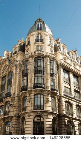 The typical French architecture facade of Parisian building France.