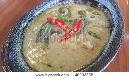 close up Chicken green curry thai food.