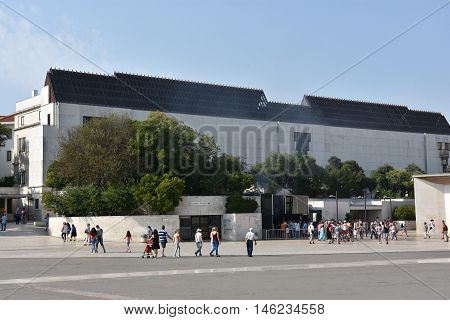 FATIMA, PORTUGAL - AUG 24: Sanctuary of Fatima in Portugal, as seen on Aug 24, 2016. It consists of a tall centralized bell-tower and nave, 213 ft in height, decorated by a 15,000 lb crown of bronze.