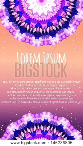 Vector placard, flyer. Amethyst mandala on purple and peach background.