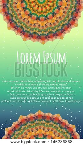 Vector placard, flyer. Soft warm colors mandala on green and turquiose background.