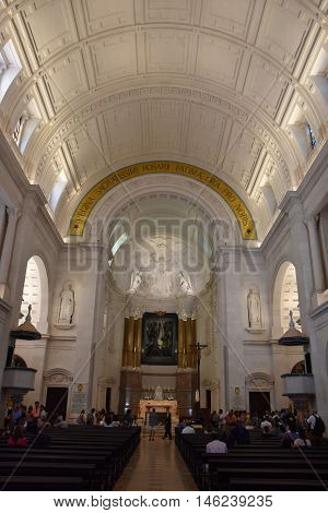FATIMA, PORTUGAL - AUG 24: Sanctuary of Fatima in Portugal, as seen on Aug 24, 2016. It consists of a tall centralized bell-tower and nave, 213 ft in height, decorated by a 15,000 lb crown of bronze.