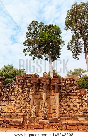Elephant Terrace in Ankgor Thom Cambodia. Full length view