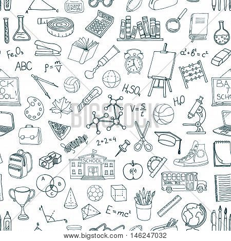 Seamless pattern with hand drawn school elements. Vector illustration.