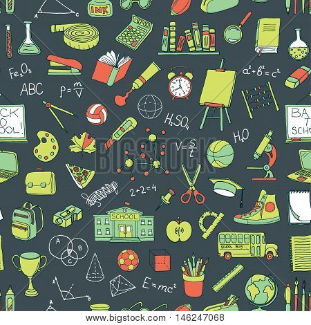 Seamless pattern with hand drawn school elements. Vector illustration.