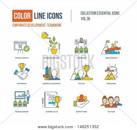 Color Line icons collection. Corporate development, teamwork concept. Strategy growth, business assistance, career growth, partnership, development, brainstorm, training seminar support team
