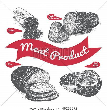 Meat products illustration. Vector black and white illustration of meat products.