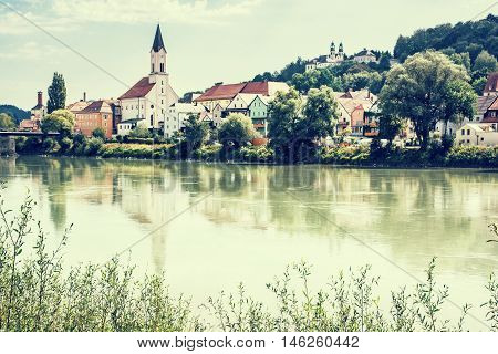 Saint Gertraud church and Sanctuary Mariahilf on the hill in Passau Germany. Cultural heritage. Religious architecture. Beautiful place. Retro photo filter. Architectural theme.