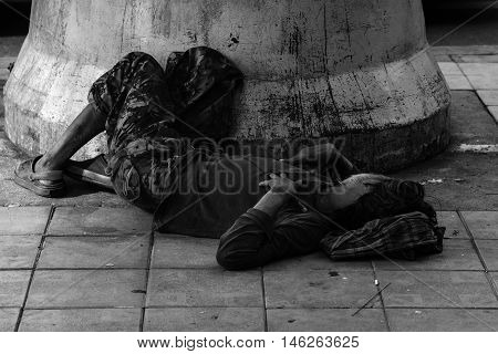 Homeless Man Sleep On Footpath