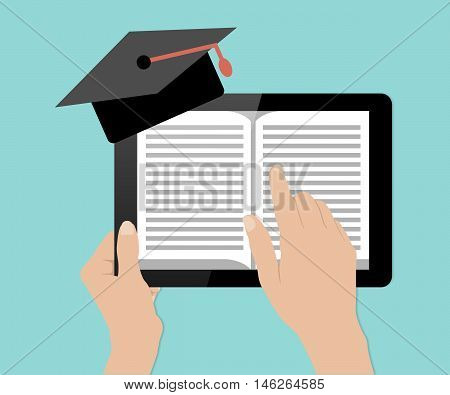 Modern flat vector illustration hand touch tablet pc with book education concept