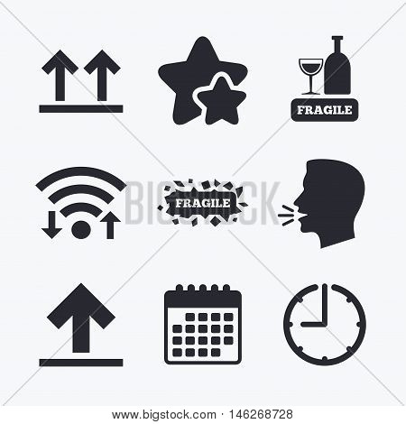 Fragile icons. Delicate package delivery signs. This side up arrows symbol. Wifi internet, favorite stars, calendar and clock. Talking head. Vector