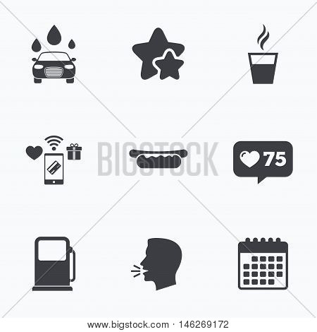 Petrol or Gas station services icons. Automated car wash signs. Hotdog sandwich and hot coffee cup symbols. Flat talking head, calendar icons. Stars, like counter icons. Vector