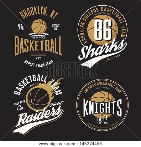 T-shirt design for basketball fans for usa new york brooklyn street team, knights college team and chicago raiders with balls emblems. Can be used for banner on sportswear or sport gear logotype