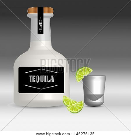 Blanco tequila bottle with wood top with shot glass and limes on a black and white gradient background