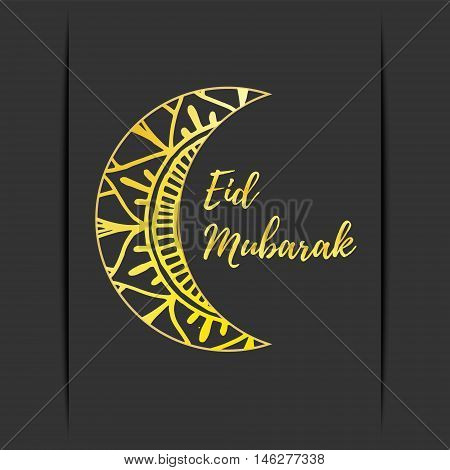 Greeting card of Eid Mubarak holiday. Golden moon on dark background. Vector illustration