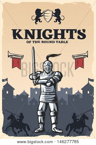 Knights of round table poster with armed and armored warrior on medieval castle background vector illustration