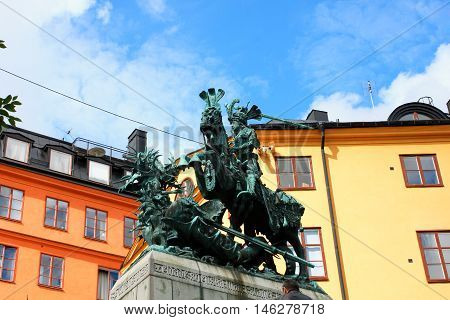 Statue of Sankt Goran & the Dragon in Stockholm Sweden - a bronze copy of a wooden sculpture from Storkyran. The original was made by Bernt Notkes an artist who lived in Stockholm from 1484 to 1496.