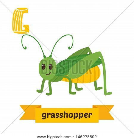 Grasshopper. G Letter. Cute Children Animal Alphabet In Vector. Funny Cartoon Animals