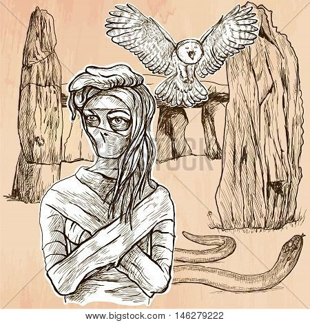 MUMMY. An mummy flying owl and snake in front of stone menhir and dolmen. Freehand sketching line drawing. An hand drawn vector illustration. Line art technique.