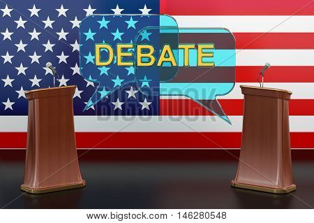 USA american presidential debate concept with microphones and tribunes 3D rendering isolated on white background