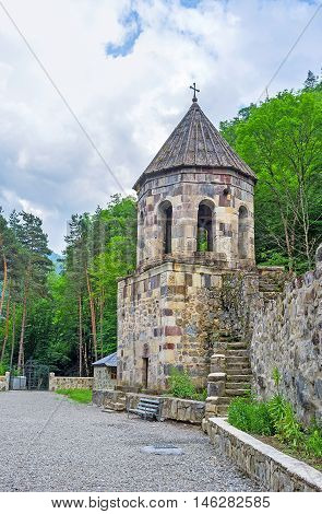 The old bell tower of the Chitakhevi St. George's Monastery also famous as the Green Monastery located in Borjomi valley Georgia.
