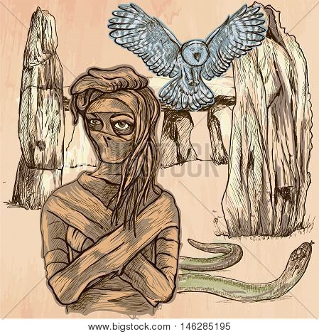 MUMMY. An mummy flying owl and snake in front of stone menhir and dolmen. Freehand sketching line drawing. An hand drawn vector illustration. Colored line art technique.
