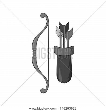 Bow and arrow icon in black monochrome style isolated on white background. Hunting equipment symbol vector illustration