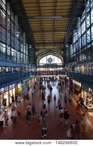 HAMBURG, GERMANY - AUG 25: Hauptbahnhof in Hamburg, Germany, as seen on Aug 25, 2016. It is the main railway station in the city, the busiest in the country and the second busiest in Europe.