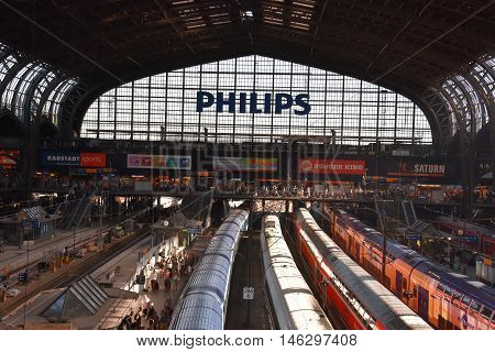 HAMBURG, GERMANY - AUG 25: Hauptbahnhof in Hamburg, Germany, as seen on Aug 25, 2016. It is the main railway station in the city, the busiest in the country and the second busiest in Europe.