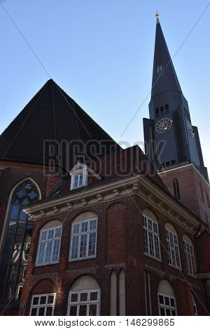 HAMBURG, GERMANY - AUG 25: St. James Church in Hamburg, Germany, as seen on Aug 25, 2016. It is located directly in the city center, has a 125m tall tower and features a famous organ by Arp Schnitger from 1693.