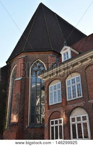 HAMBURG, GERMANY - AUG 25: St. James Church in Hamburg, Germany, as seen on Aug 25, 2016. It is located directly in the city center, has a 125m tall tower and features a famous organ by Arp Schnitger from 1693.