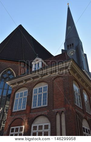 HAMBURG, GERMANY - AUG 25: St. James Church in Hamburg, Germany, as seen on Aug 25, 2016. It is located directly in the city center, has a 125m tall tower and features a famous organ by Arp Schnitger from 1693.