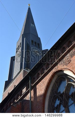 HAMBURG, GERMANY - AUG 25: St. James Church in Hamburg, Germany, as seen on Aug 25, 2016. It is located directly in the city center, has a 125m tall tower and features a famous organ by Arp Schnitger from 1693.