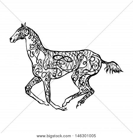 Graphical monochrome image of a galloping horse drawing in zintagle style vector abstract illustration