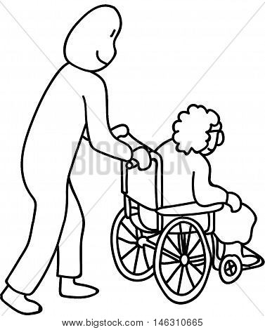 Young Man pushing granny in wheel chair