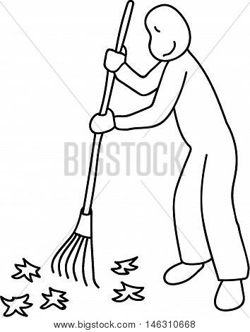 young man raking leaves volunteering lawn service