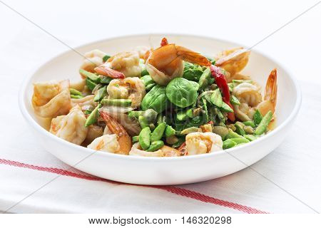 Stink Beans or Sato fried with Shrimp thai local food in southern Thailand