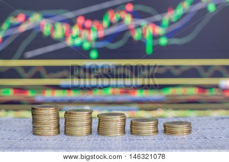 Investment Concept, Coins, Graph Stock Market Background, Thai Money For Business.