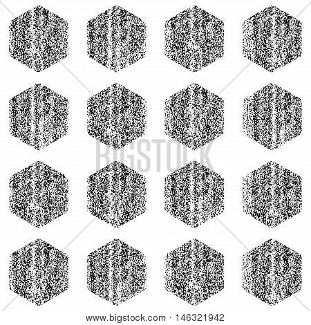 Seamless pattern with old painted damaged texture. Black hexagon in white background. Geometrical traditional backdrop. Template swatch vector illustration graphic design element in 8 eps