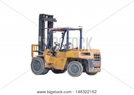 Old yellow forklift truck isolated on white background with clipping