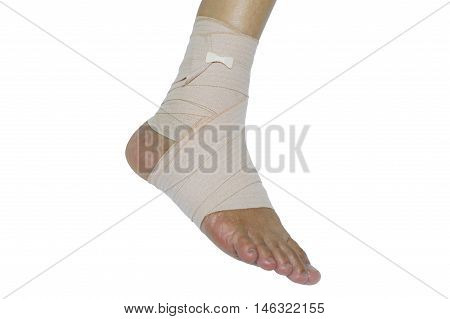 Foot injury Bandaged foot on a white background