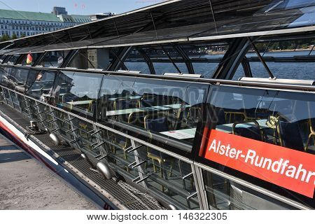 HAMBURG, GERMANY - AUG 26: Boats on Lake Alster in Hamburg, Germany, as seen on Aug 26, 2016. Hamburg was founded at the mouth of Alster river in the 9th century and has been used as a port since.