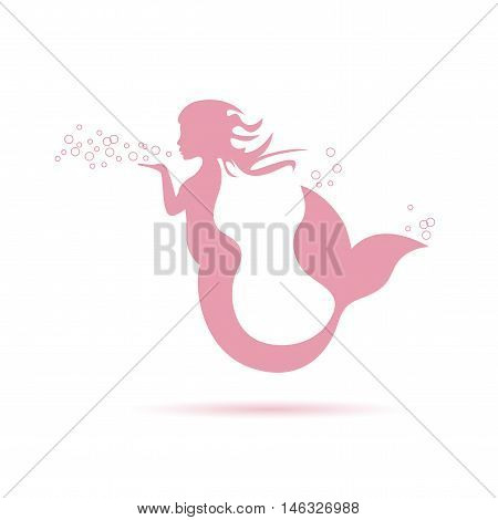 Vector sign pink mermaid blowing, isolated illustration