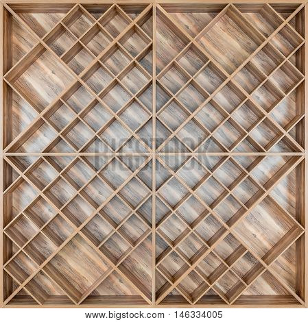 Wooden square shelf for wine or books of boards with a beautiful pattern