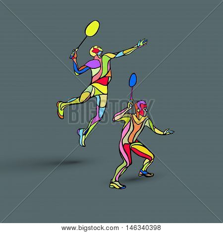 Creative color Professional Badminton players. Vector illustration. Two people, men doubles championship Eps8