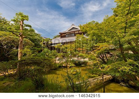 MATSUYAMA JAPAN - JULY 22 2016: Garden of Taihoji Temple in Matsuyama Ehime Prefecture Japan. Taihoji is No 44 of Pilgrimage to the 88 Sacred Temples of Shikoku