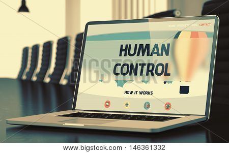 Human Control on Landing Page of Laptop Screen in Modern Conference Room Closeup View. Toned Image. Blurred Background. 3D Rendering.